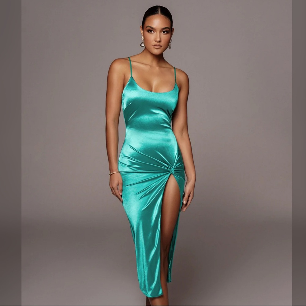 JLuxelabel Jewel Green Satin Slit Dress